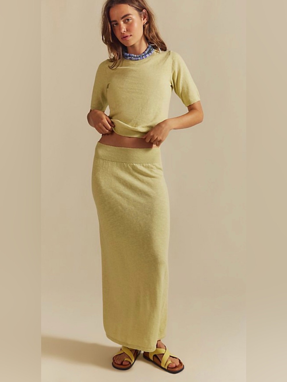 Free People Isabella Knit Top and Maxi Skirt Set Lemongrass Green S12